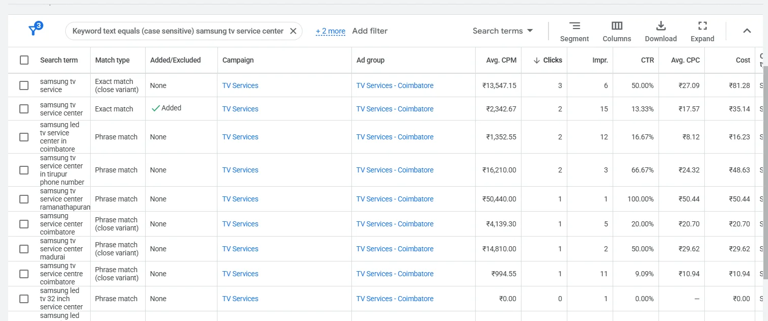 Google Ads search terms report for Samsung TV service campaigns in Coimbatore