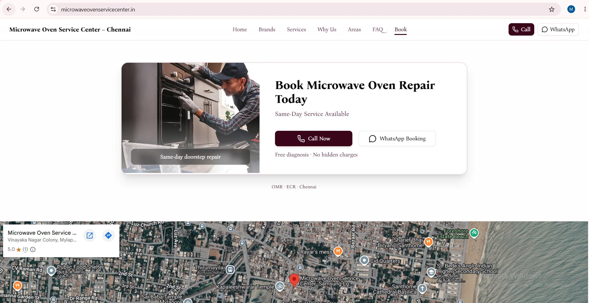 Microwave oven repair service website with local map integration in Chennai