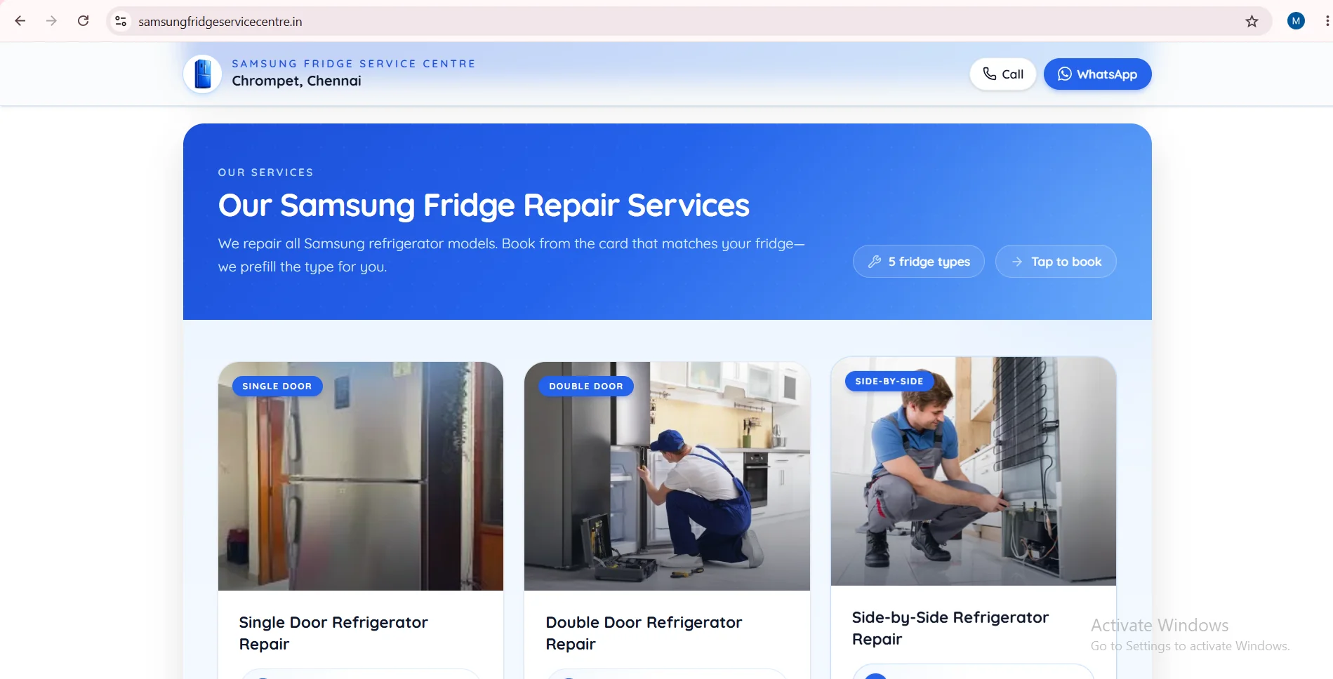 Samsung fridge repair service website landing page in Chennai