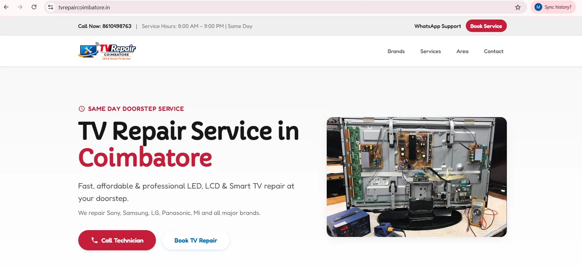 TV Repair Coimbatore website homepage designed for lead generation