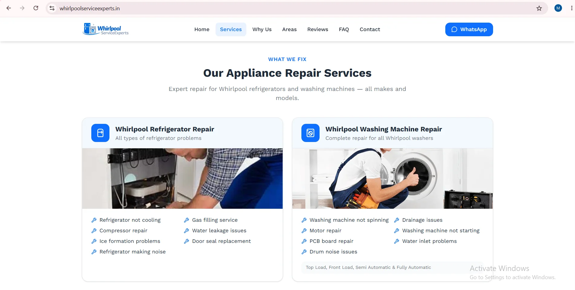 Whirlpool appliance repair services website with service category pages